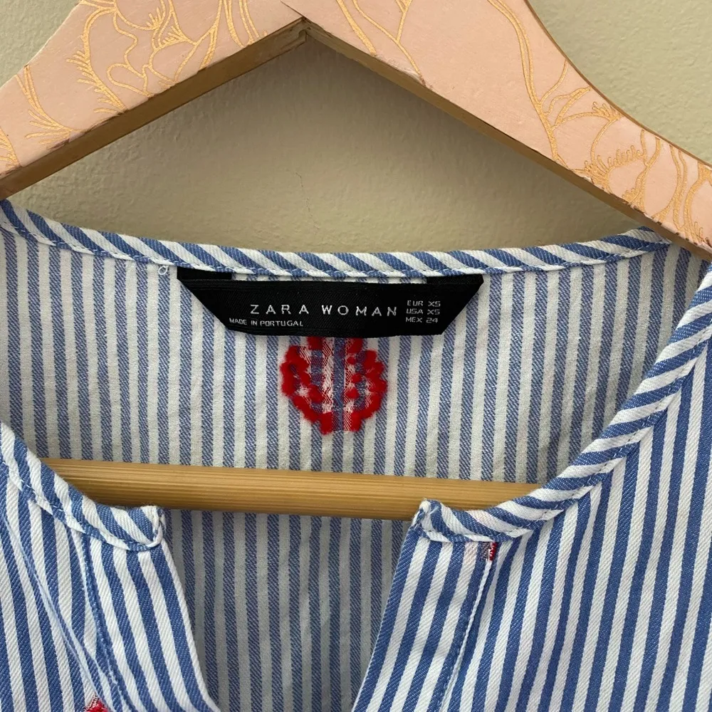Zara Woman Blue Striped Button Down Embroidered Balloon Sleeve Blouse Size XS - Image 6