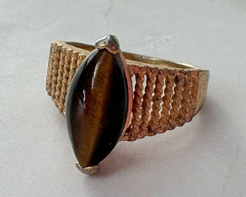 Vintage 18K GE Gold Plated Tigers Eye Cocktail Statement Ring Size 7 - Image 8