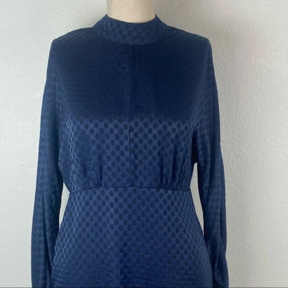Zara Mini Dress S Satin High Mock Neck Tie Polka Dot Long Sleeve Navy Blue Black - Image 4