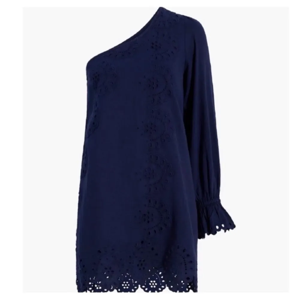 NWT Hill House Mila Dress One Shoulder Navy‎ Linen Blue Eyelet Sz S - Image 3