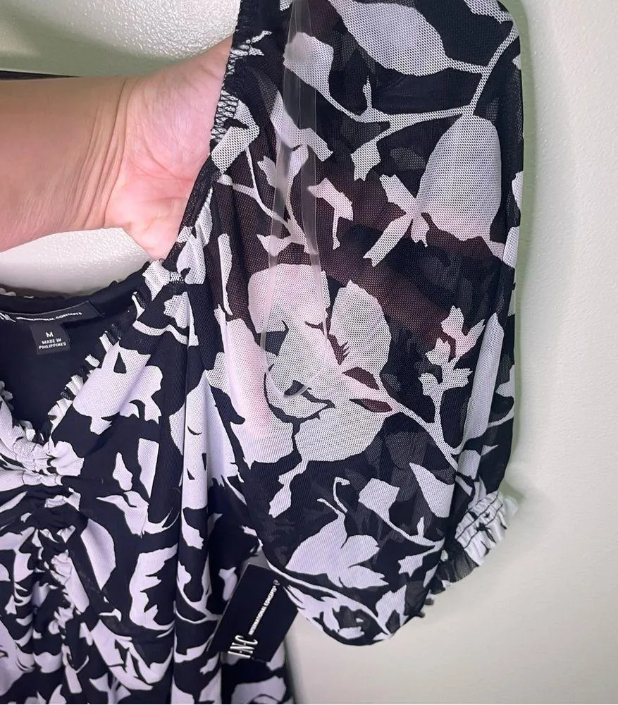 INC Black White Floral Ruched Cinched Medium Blouse Short Sleeve V Neck NWT - Image 8