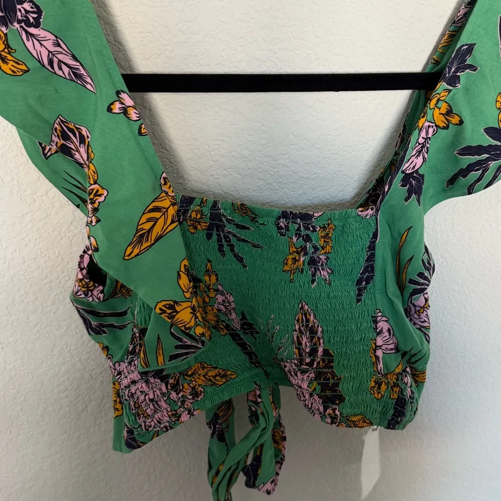 Maaji Earthly Heaven Crop Top Green Pink Floral Ruffle Reversible Tied Medium - Image 9
