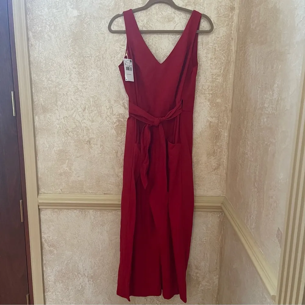 MNG Mango Linen Wrap Jumpsuit Red Wide Leg Sleeveless Has Belt V Neck Sz XL - Image 4