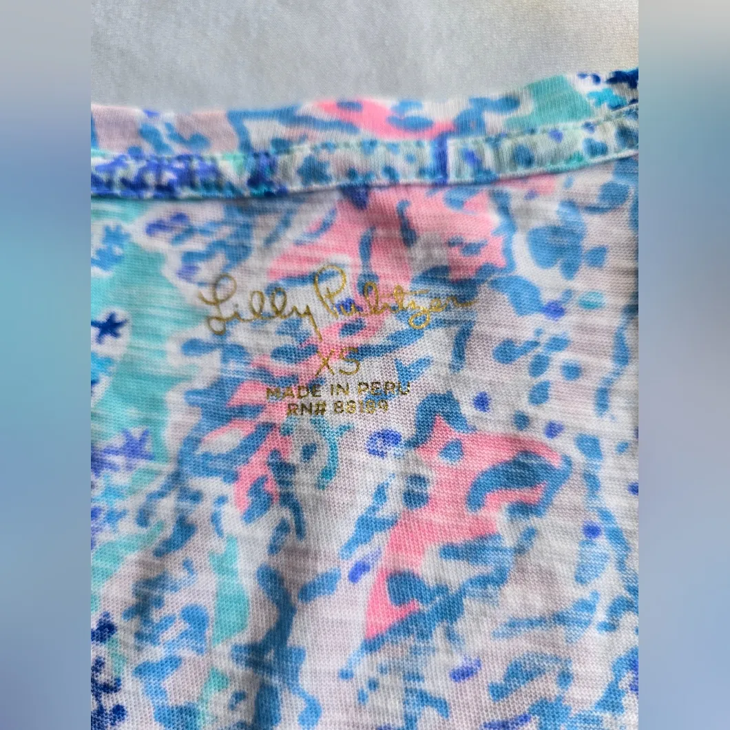 Lilly Pulitzer Etta V-Neck Blue Ibiza Now‎ You Sea Me 100% Cotton Short Sleeve - Image 5