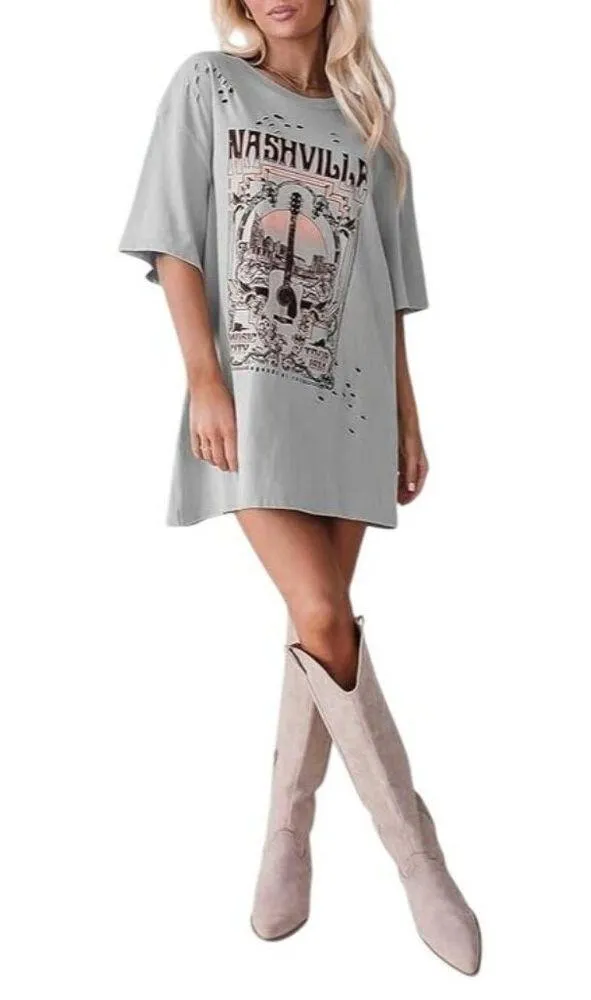 Oversized Nashville Music Tee Sz Medium Grey Distressed T Shirt Short Sleeve Gray - Image 3