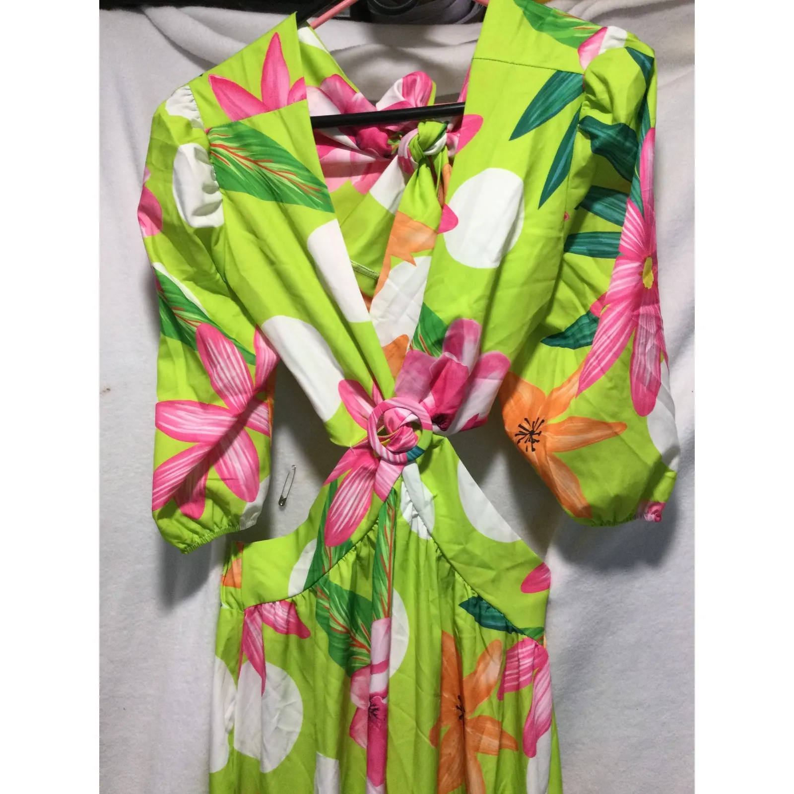 Floral Maxi Dress Green Pink Orange Cutout Tie Back Balloon‎ Sleeve XL - Image 6