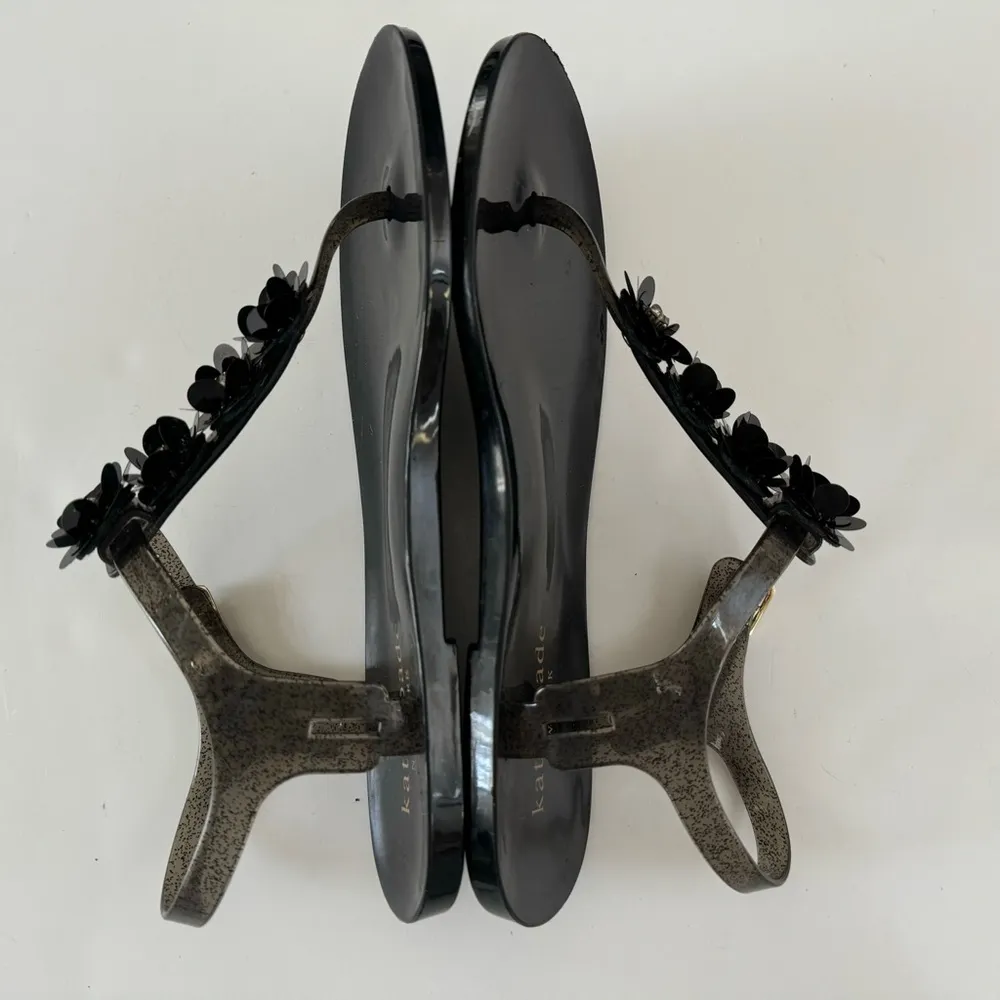 Kate Spade Farrah Black Glitter Jelly Sandals Rhinestones Floral Sz 6 Rubber - Image 11