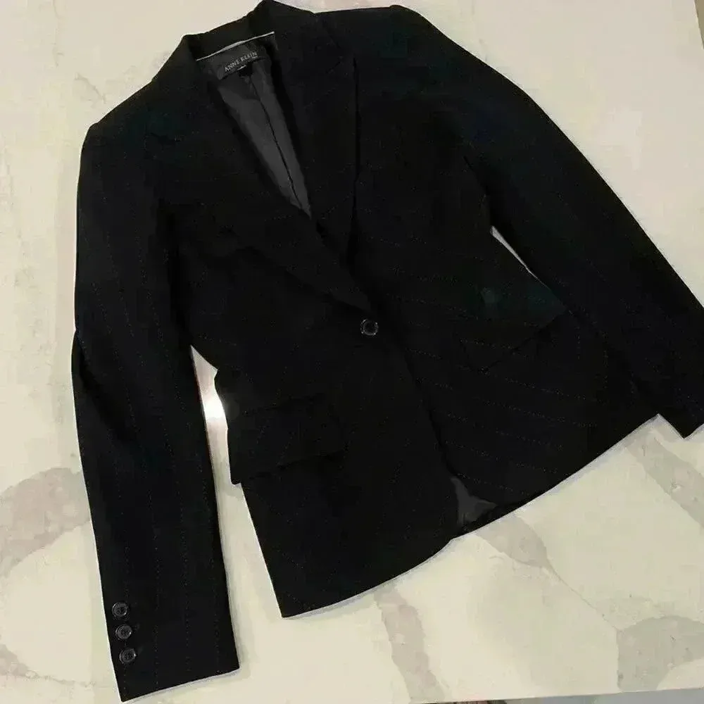 Anne Klein Blazer Jacket Padded Shoulder Asymmetrical Gold Pin Stripes Women's 4 - Image 2