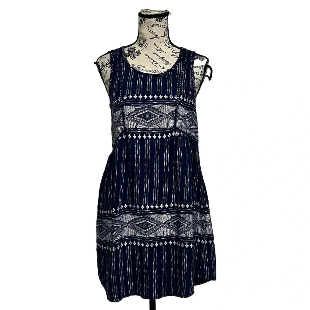 Roxy Women’s Navy Argyle Babydoll Mini Dress Size M Boho Peasant Beach Festival - Image 2