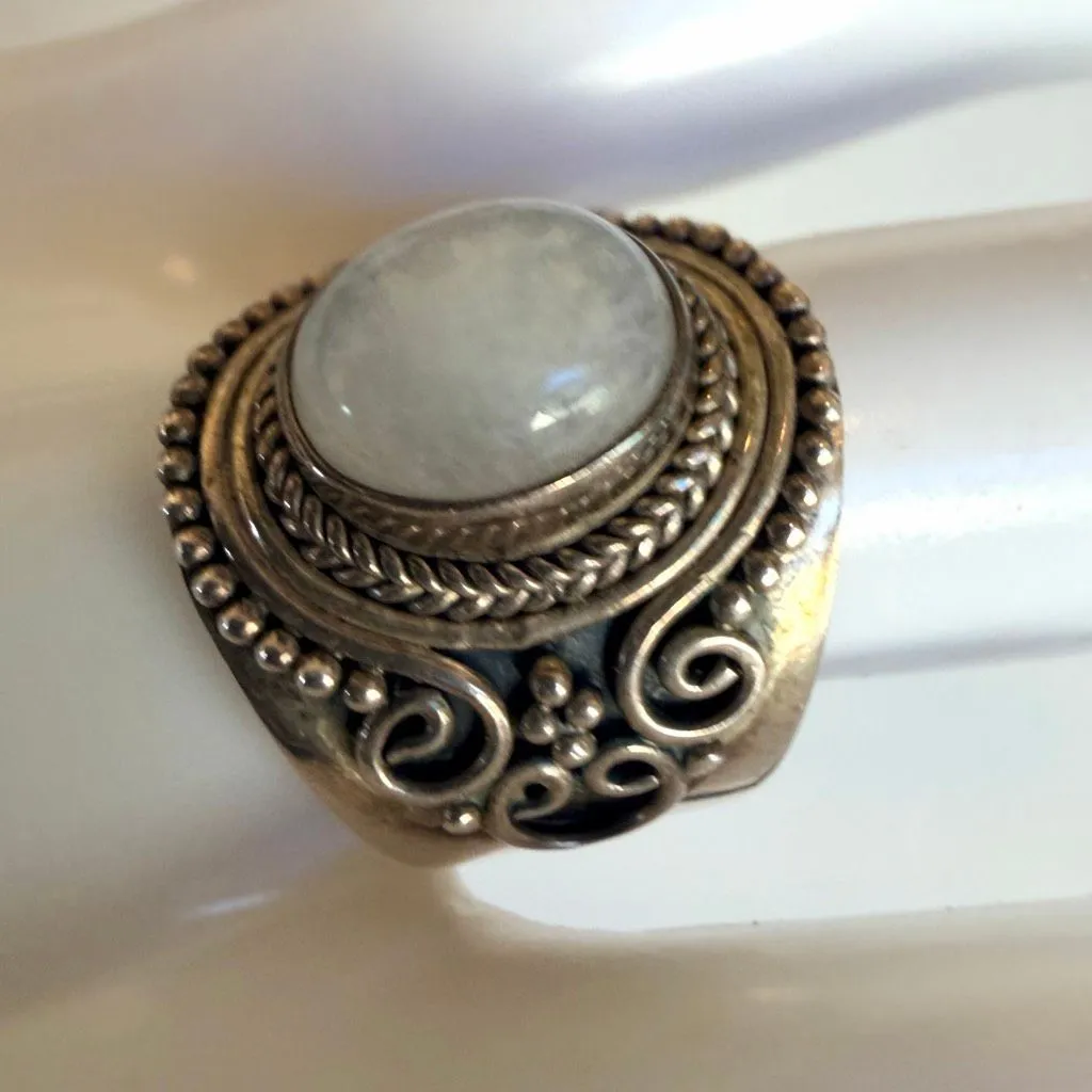Sterling Silver Moonstone Wide Band Ring – Artisan Scroll Design - Image 4