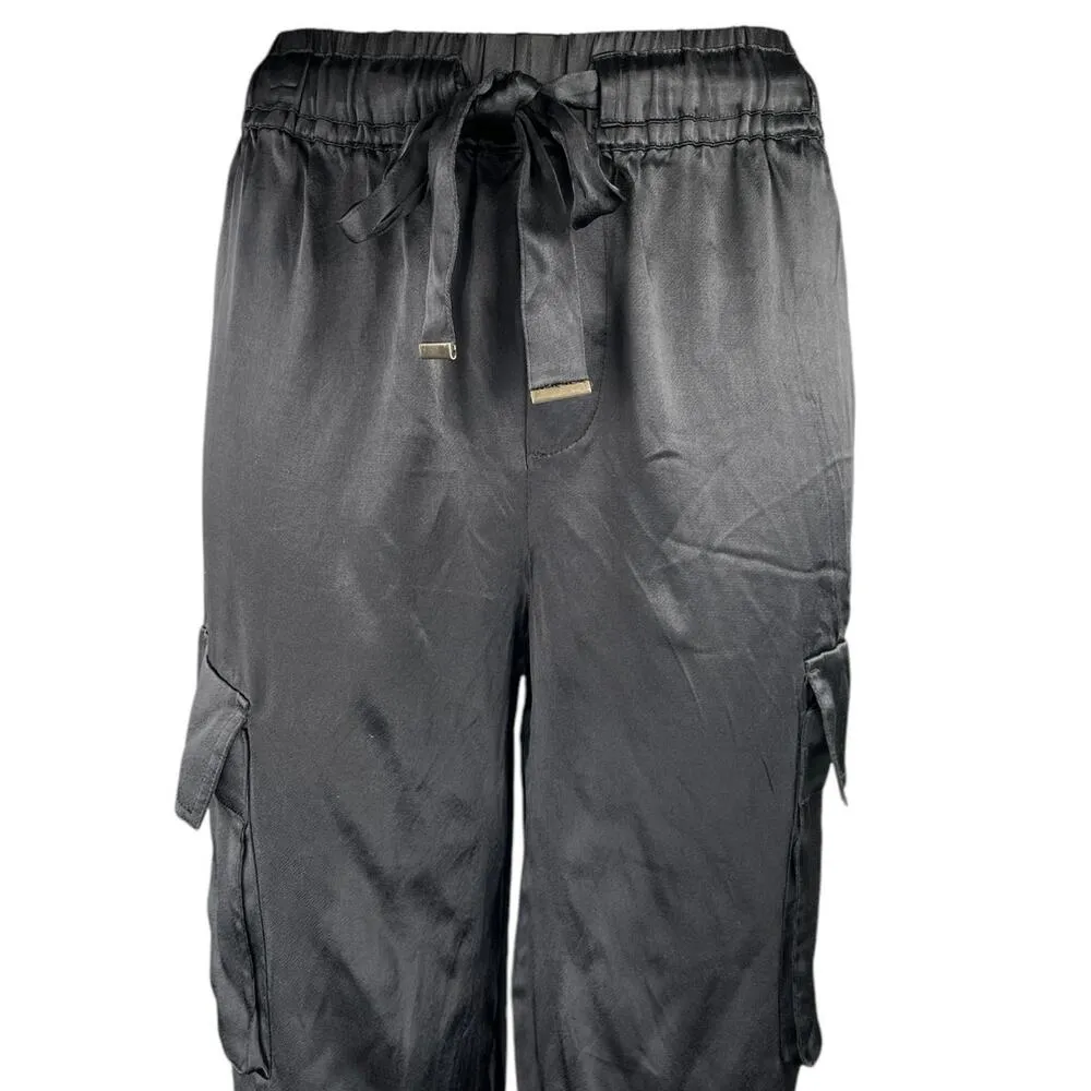 Rachel Zoe Black Silky Satin Drawstring Tapered Trousers Joggers Cargo Pants XS - Image 4