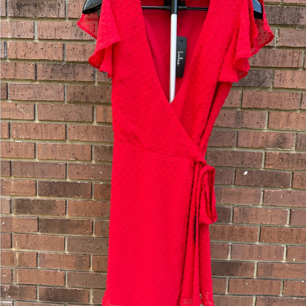 Lulus Much to Celebrate Red Swiss Dot Flutter Sleeve Wrap Mini Dress Size Small - Image 5
