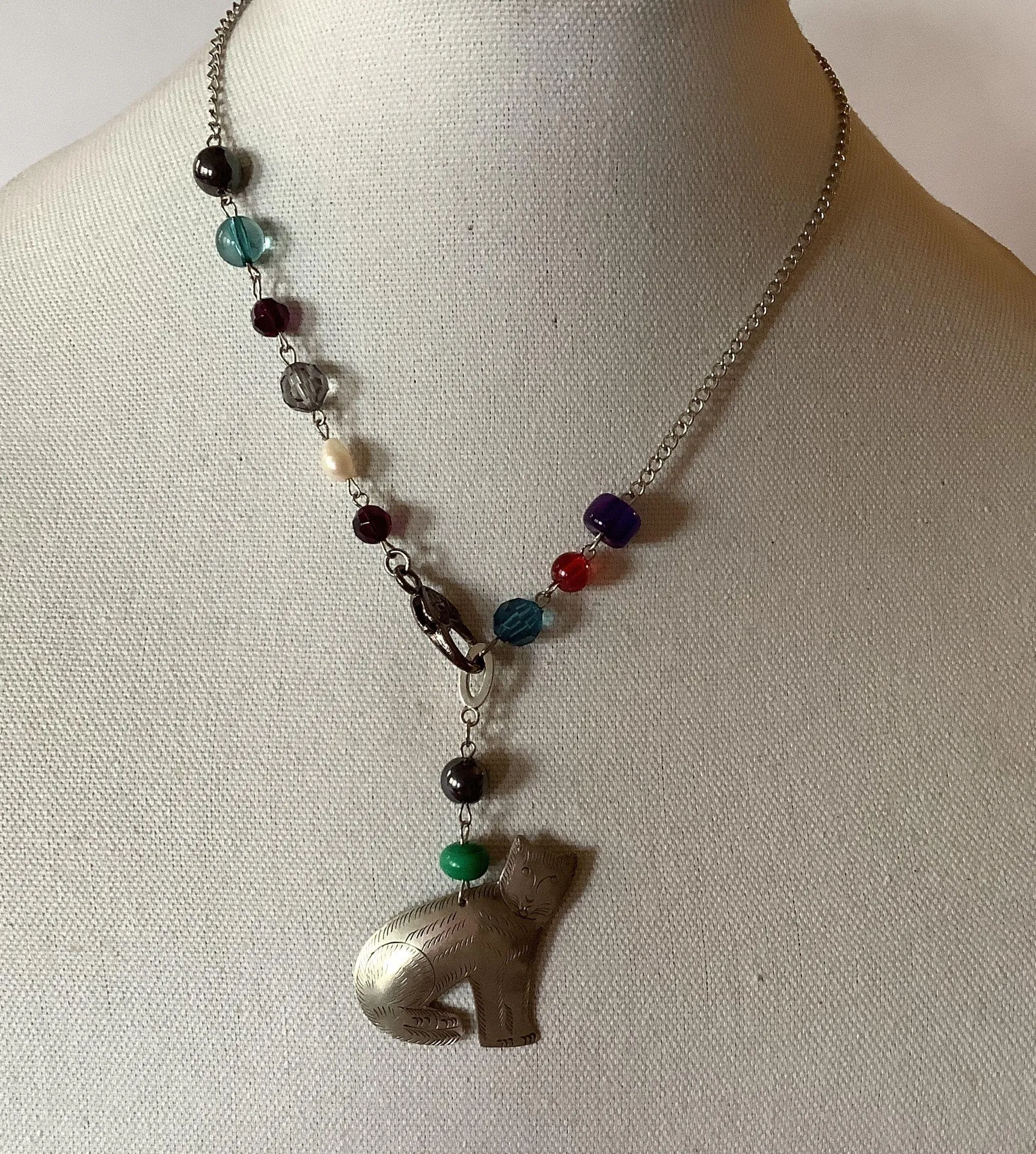 Vintage Cute Naughty Cat Pendant 1.7” Wide Beaded Chain 19” - Image 3