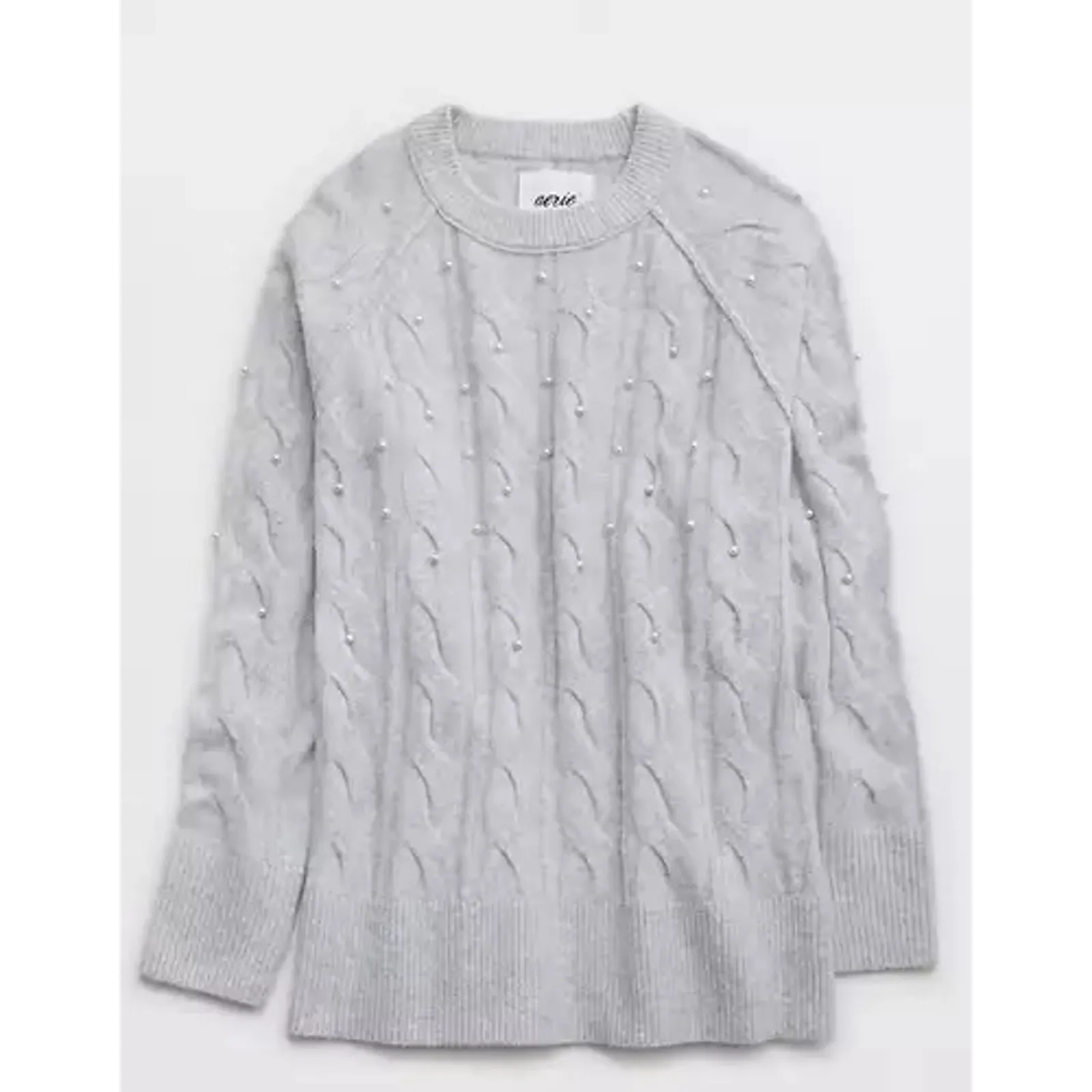 Aerie unReal Crewneck Long Sleeve Cable Pearl Detail Sweater Gray Small - Image 2