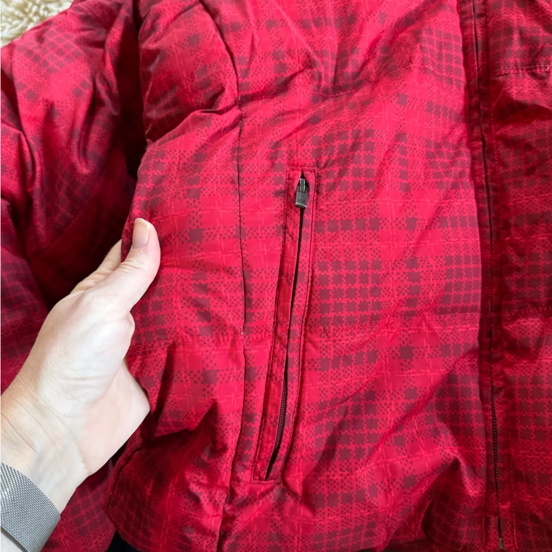 Columbia Women's Checkered Red Puffer Jacket plaid removable hood down coat - Image 6