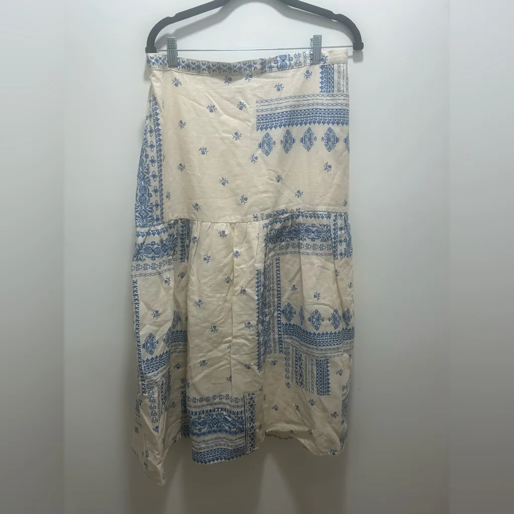 Maison D'Amélie Paris Linen Cream Blue Tile Print linen maxi skirt Size L NWOT Size L - Image 5