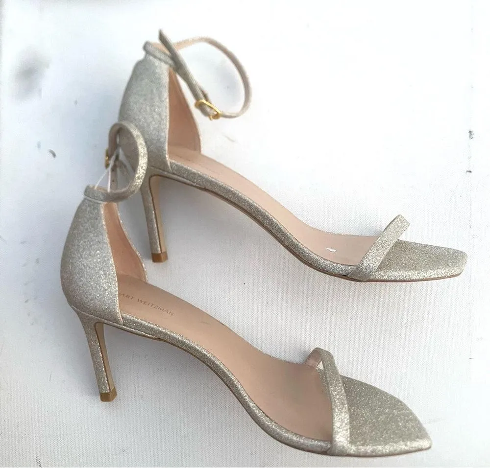 Stuart Weitzman Womens Shoes Heels Gold Glitter Thin Strap Stiletto Size 9 - Image 4