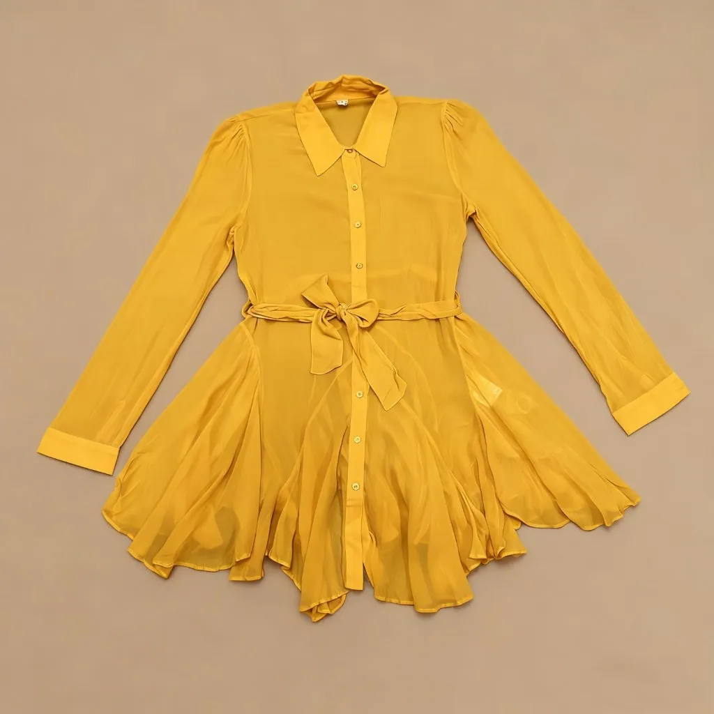 NWOT Farm Rio Irregular Ruffles Mini Shirt Dress Long Sleeve Size S Belt Tie - Image 2