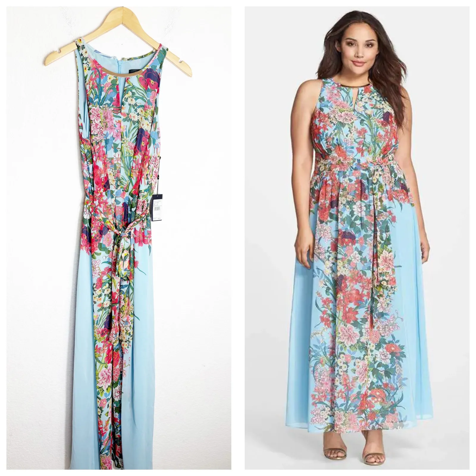 NWT Adrianna Papell Blue Floral Chiffon Maxi Dress Size 12 Wedding Feminine - Image 2