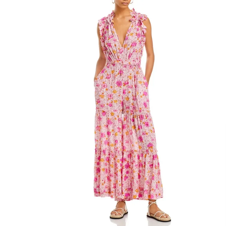 Poupette St Barth Pink Floral Ruffle Jumpsuit - Size Large - Image 3