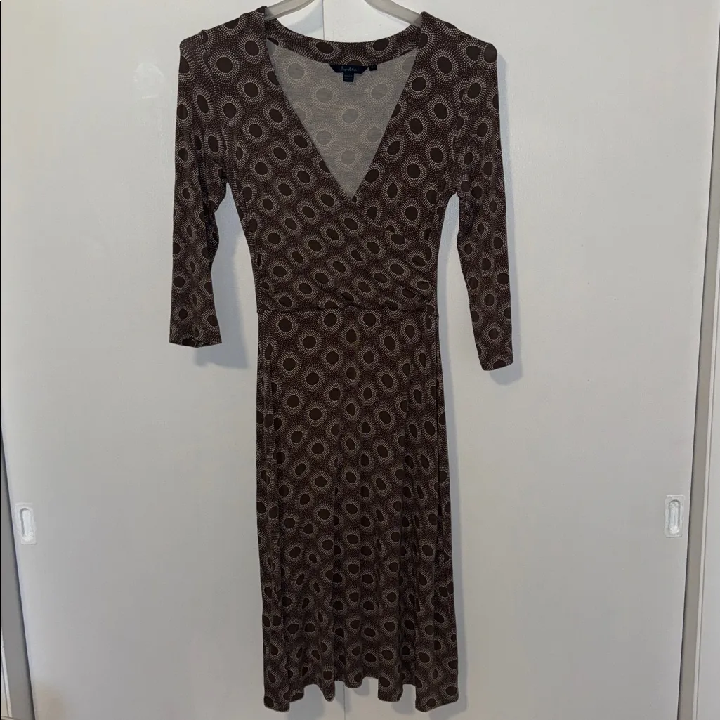 Boden Jersey Wrap Bodice Dress Women’s 12 Brown w Circle Print & 3/4 Sleeves - Image 5