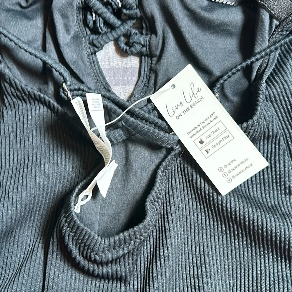 Sweetheart CUPSHE Black Ribbed Tie Front Cross Back Swimsuit Size MED NWT #1152 - Image 7