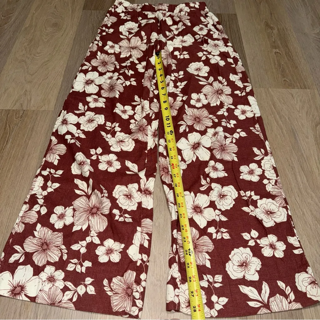 Abercrombie & Fitch Burgundy & White Floral Wide Leg Linen Pants - Size Small - Image 6