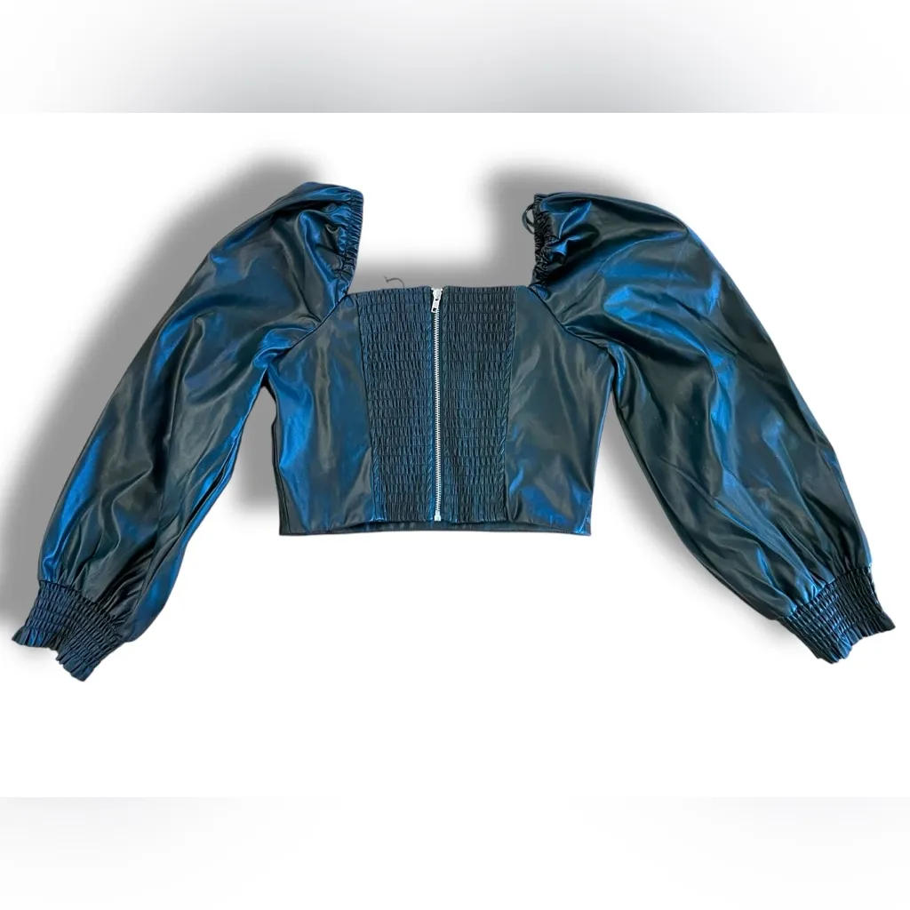 74AM Green Vegan Leather Blouson Sleeve Crop Women 7 for all mankind Top Size XS - Image 2