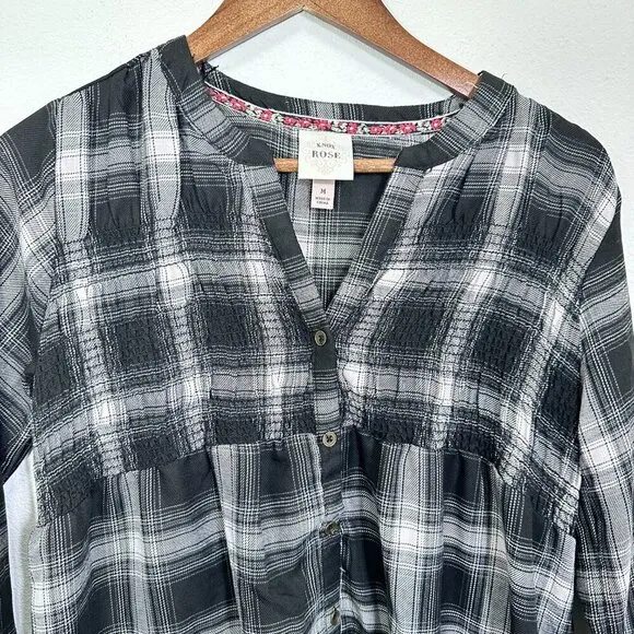 Knox Rose Black Grey Checkered Plaid Printed Boho Long Sleeve Printed Dress XL‎ - Image 5