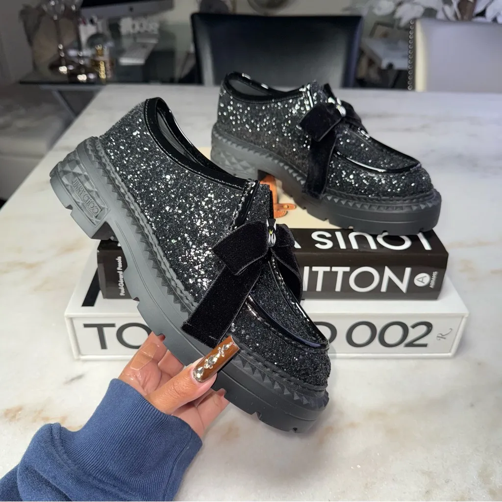 Jimmy Choo x Sailormoon Luna Marlow Glitter Moccasin Loafer Velvet Bow Cat Charm - Image 3