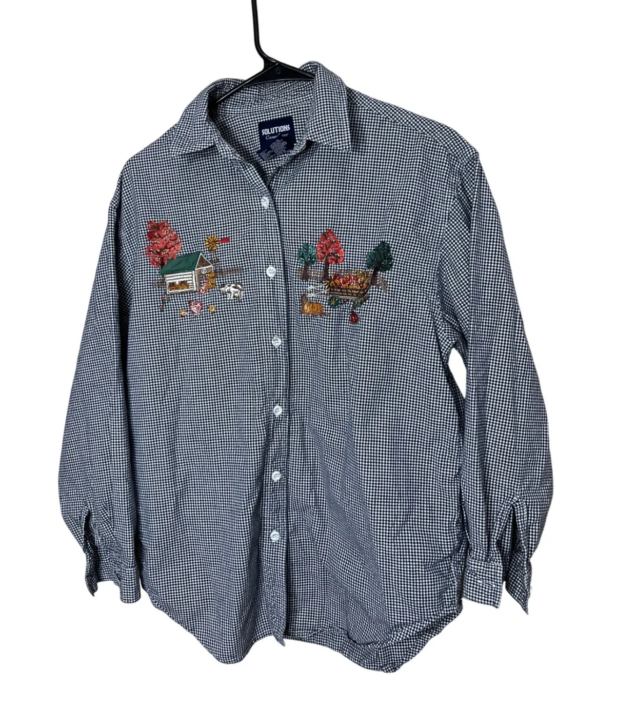Solutions Casualwear Blue Gingham Embroidered Farm Scene Button Up Shirt M Size undefined - Image 1