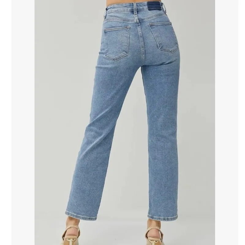 Risen Jeans High Rise Crossover Distressed Straight Leg Jeans RDP5333 Size 1/25 Blue - Image 12