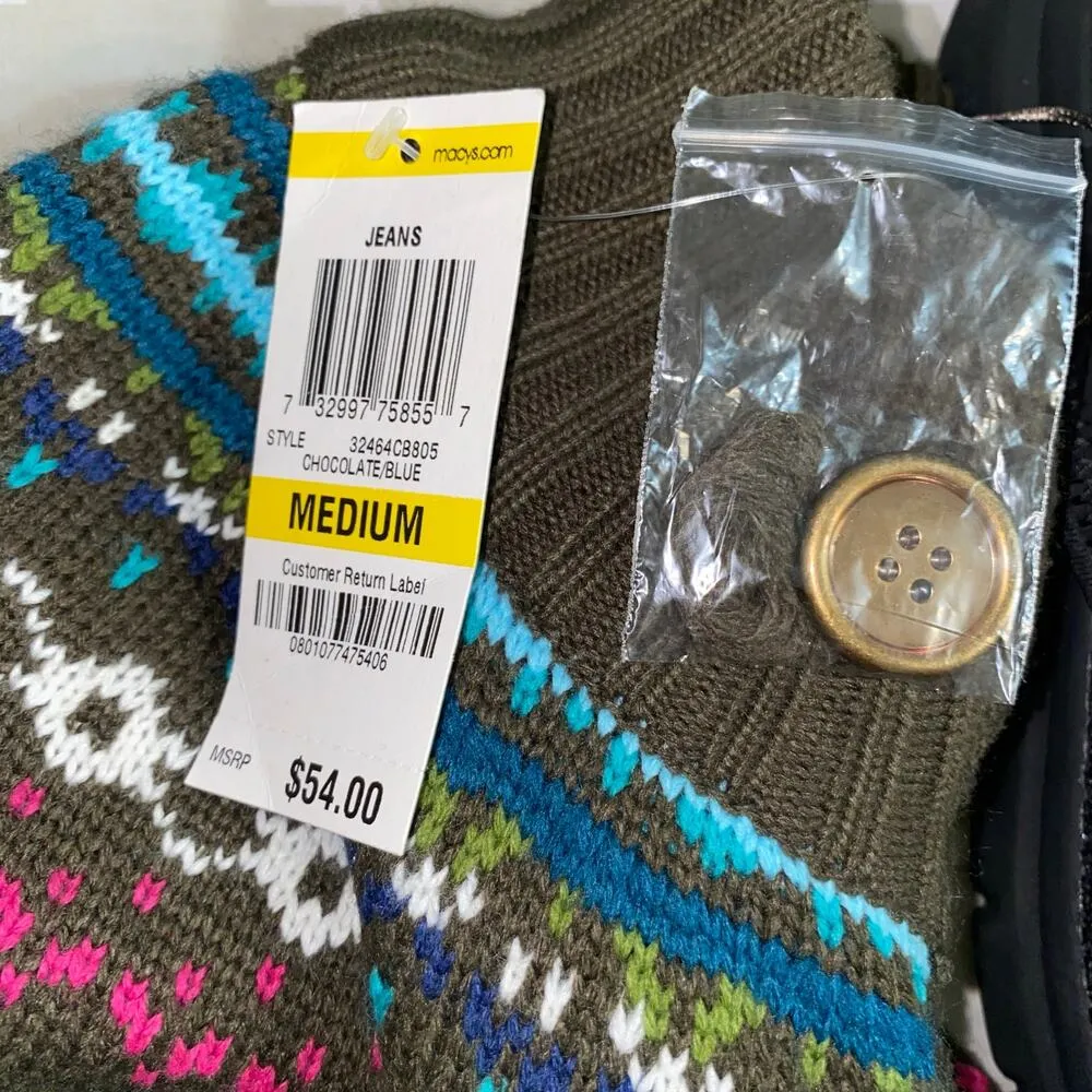 Style & Co Chocolate Brown Fair Isle Knit Short Sleeve Cardigan Sweater M NWT - Image 6