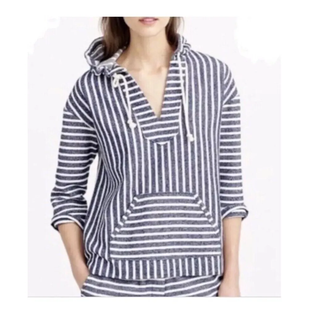 J. CREW Baja Hoodie Pullover Size XL Blue White Striped Woven Boho Chic Beach - Image 5