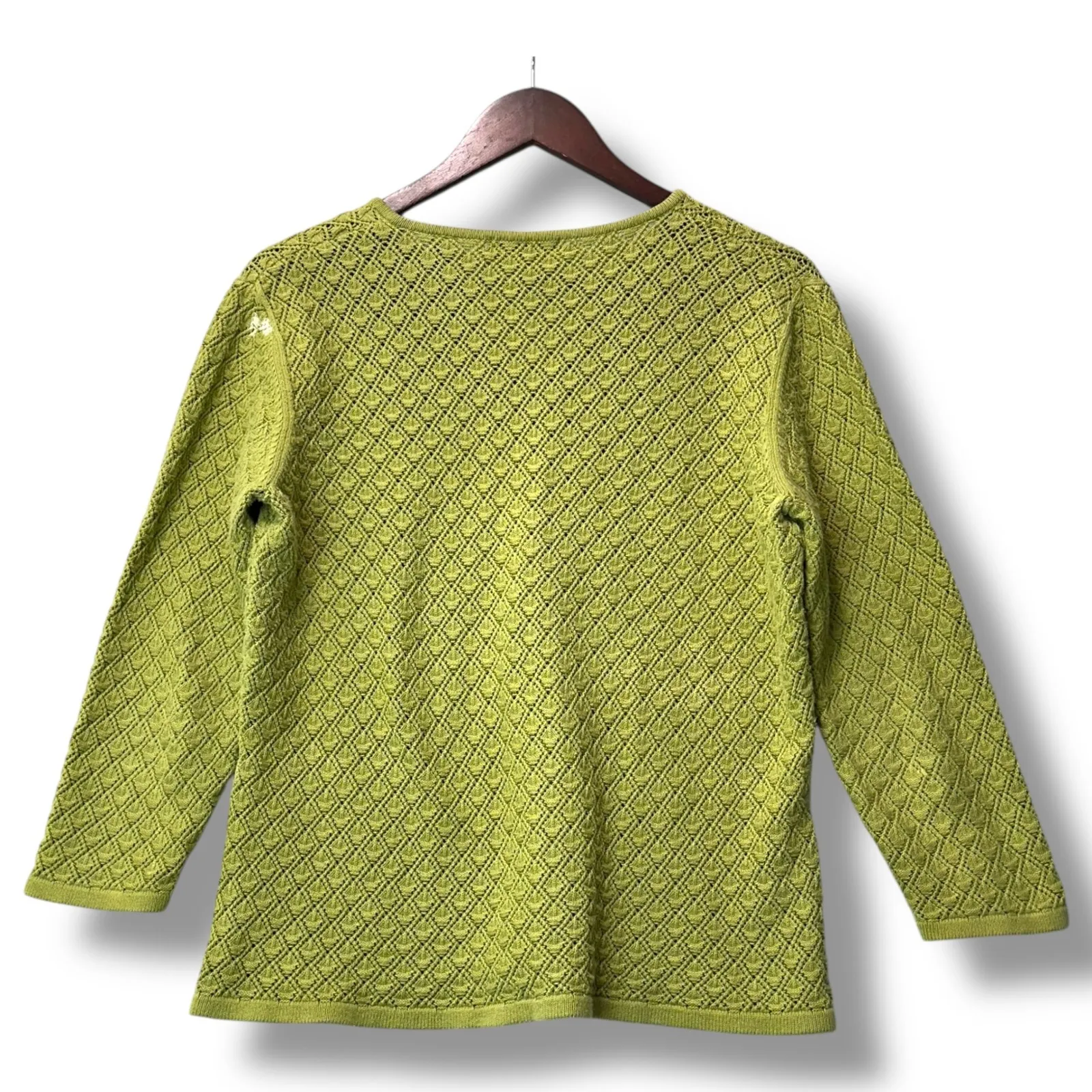 Kate Hill Casual Green Textured Knit Sweater L Boho Grannycore Retro V-Neck - Image 2