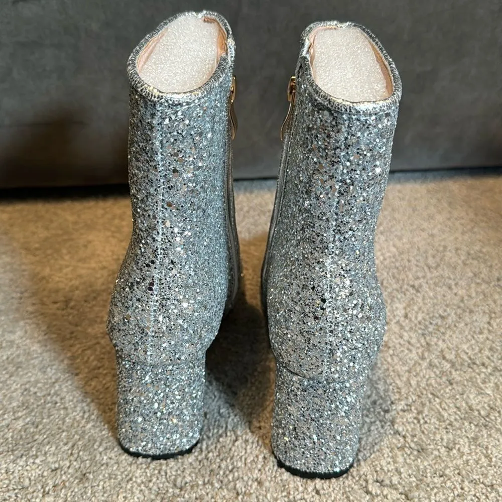 Women’s Silver Glitter Covered Sparkly Chunky Heeled Boots Size 7.5 NEW Silver - Image 5