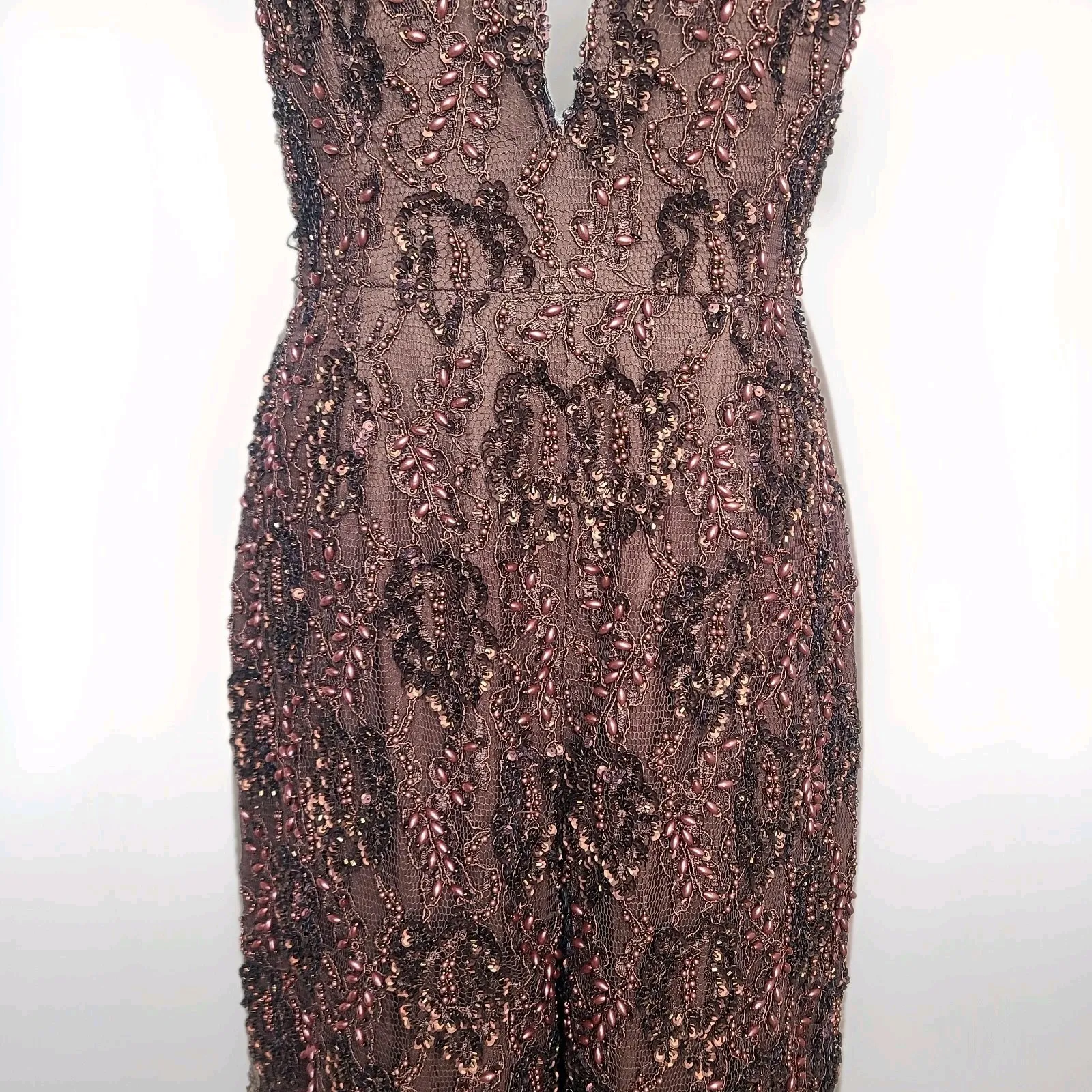 Vintage Bill Blass Evening Brown Beaded Sequin‎ Halter Jumpsuit Size 8 - Image 3