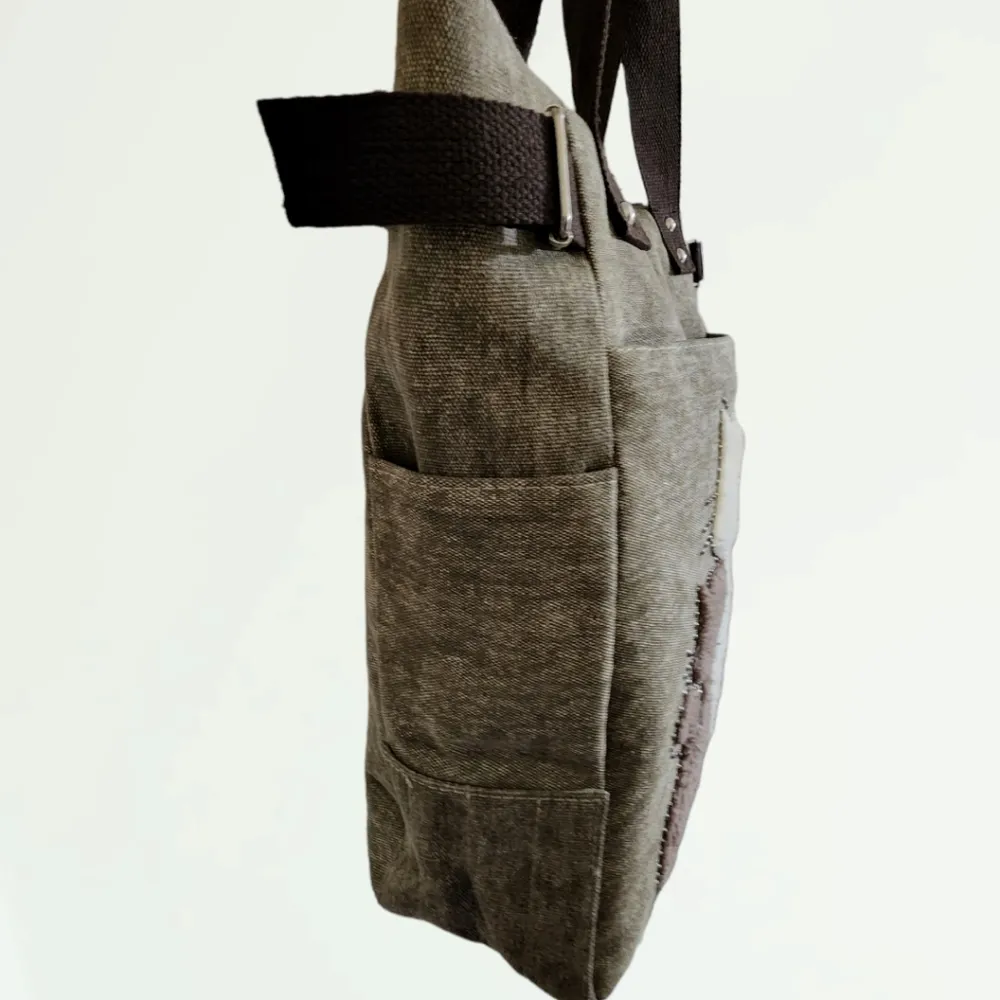 Large Capacity Dark Cyan Canvas Cat Printing Shoulder Bag - Image 3