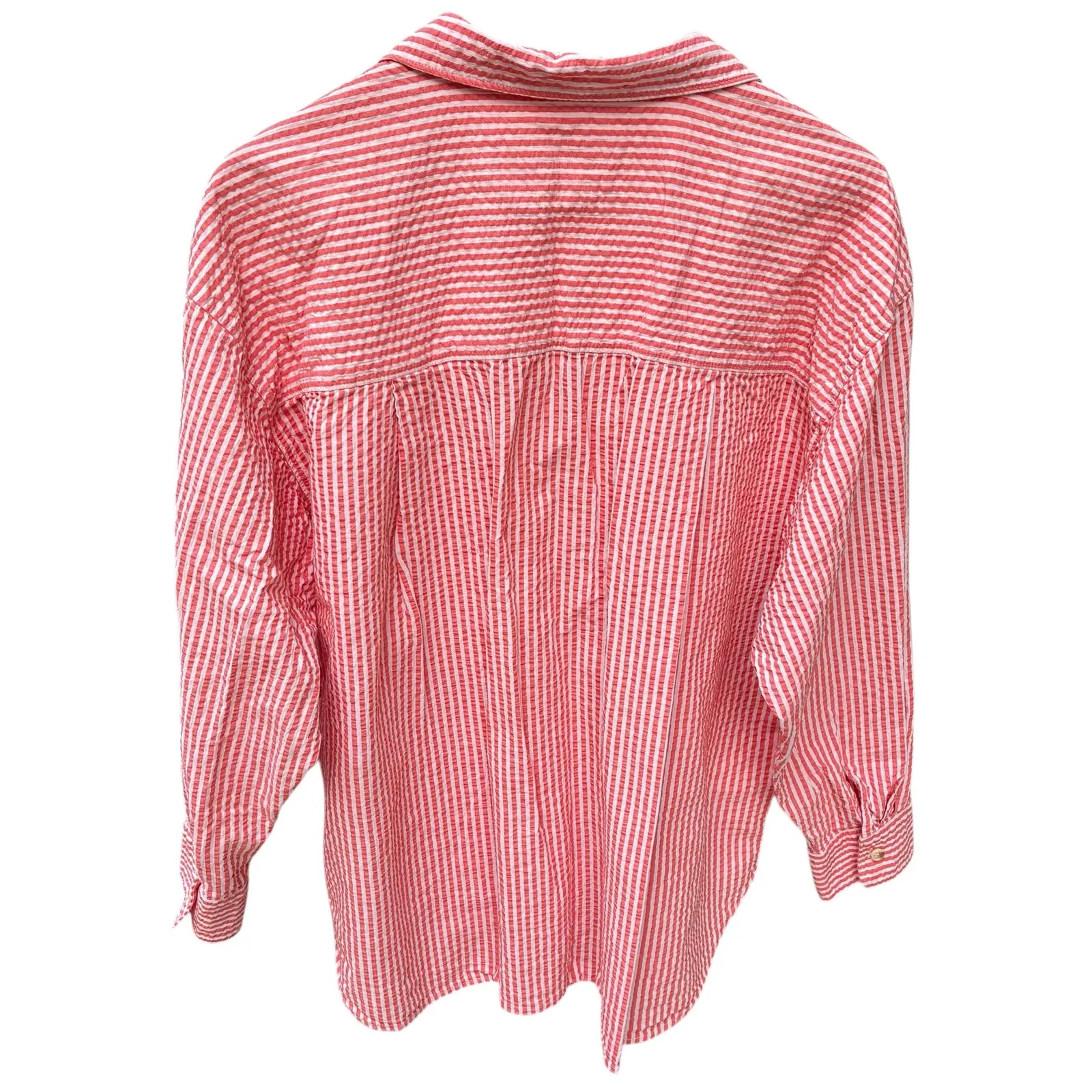 Marine Layer Top Gracey Seersucker Button Up Striped Shirt Orange Beige Medium - Image 6