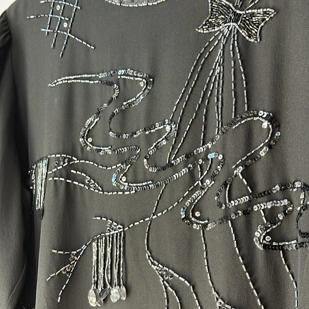 Vintage Silk CC Courtenay Blouse Sequin Beaded Blouse Black Medium Black - Image 6