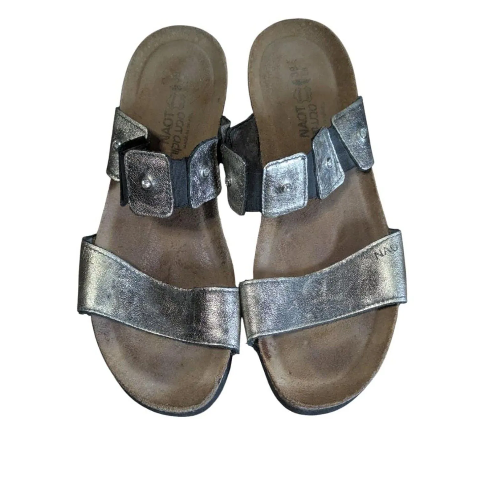 Naot Silver Leather Slide Sandals EU 39 US 8 Comfort Cork Footbed Boho - Image 2