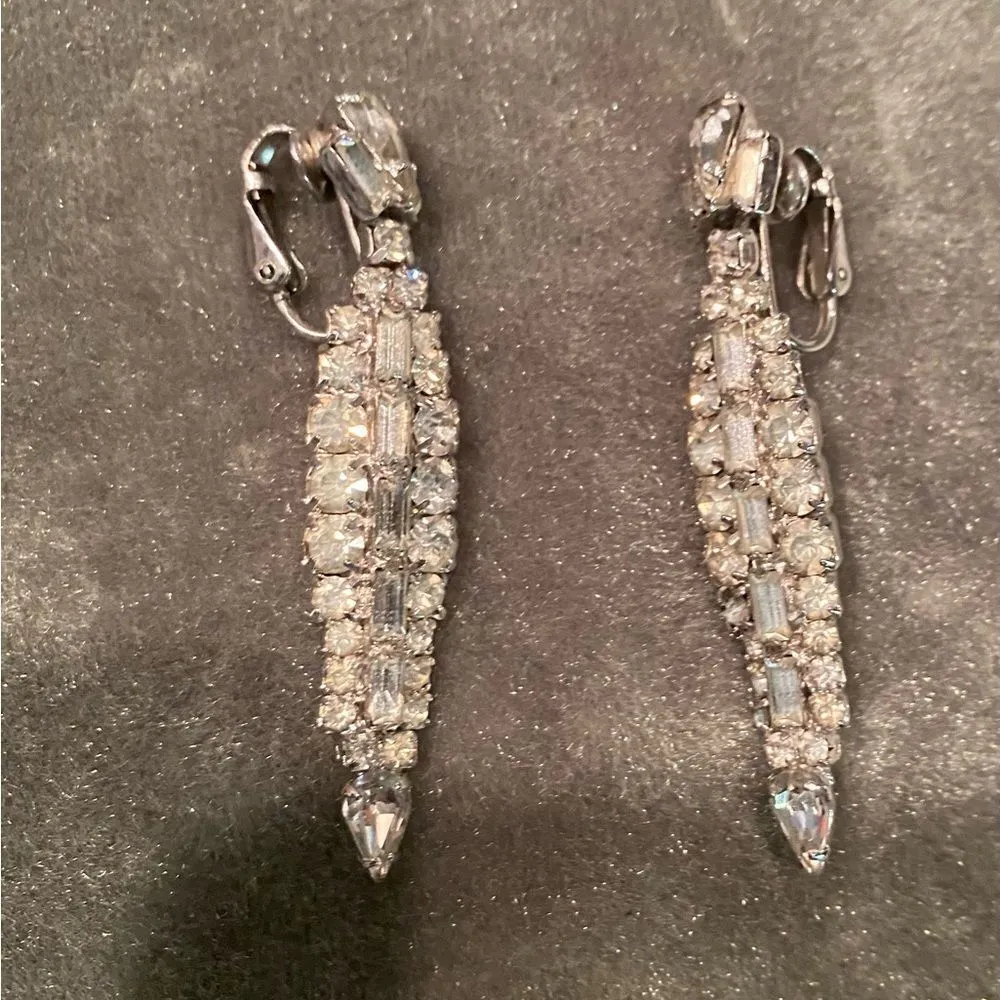 VINTAGE Clip On Rhinestone Drop Earrings Silver - Image 2