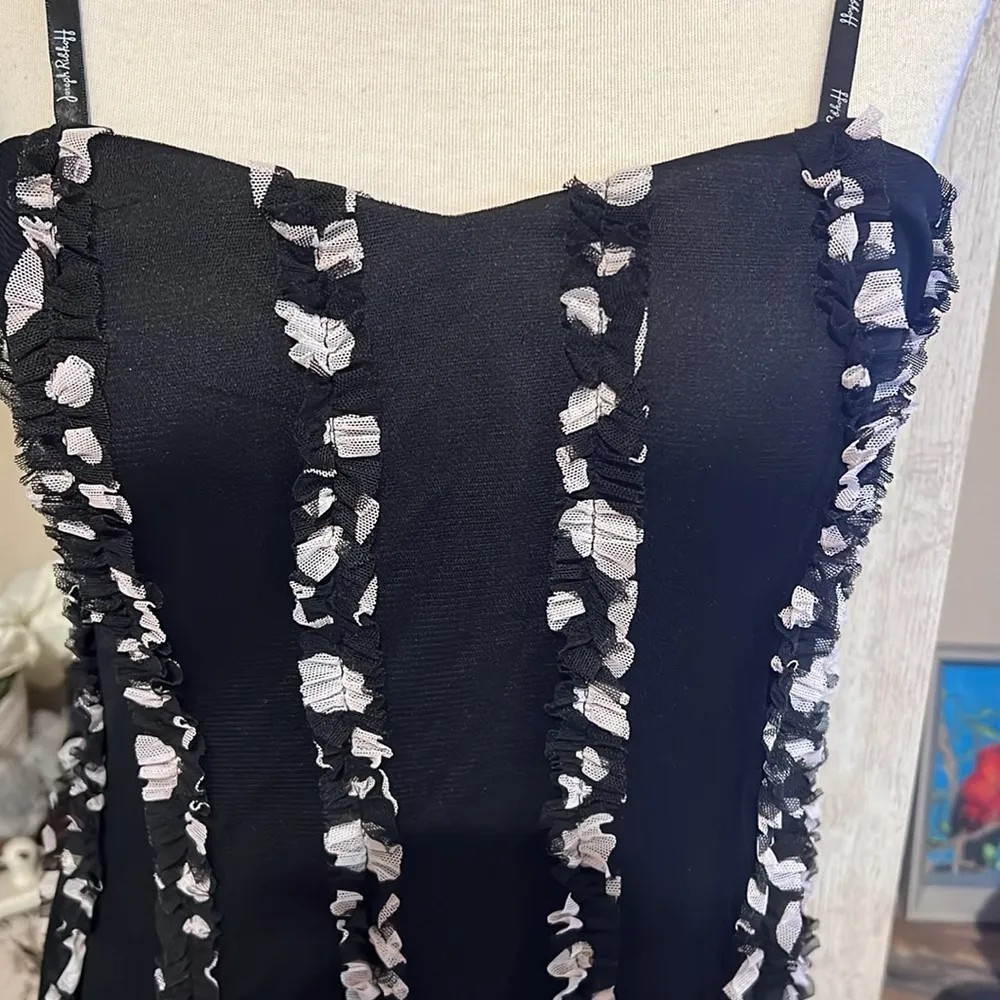 JOSEPH RIBKOFF BLACK & WHITE MESH RUFFLE OCCASION FIT FLARE DRESS SIZE 8 - Image 2