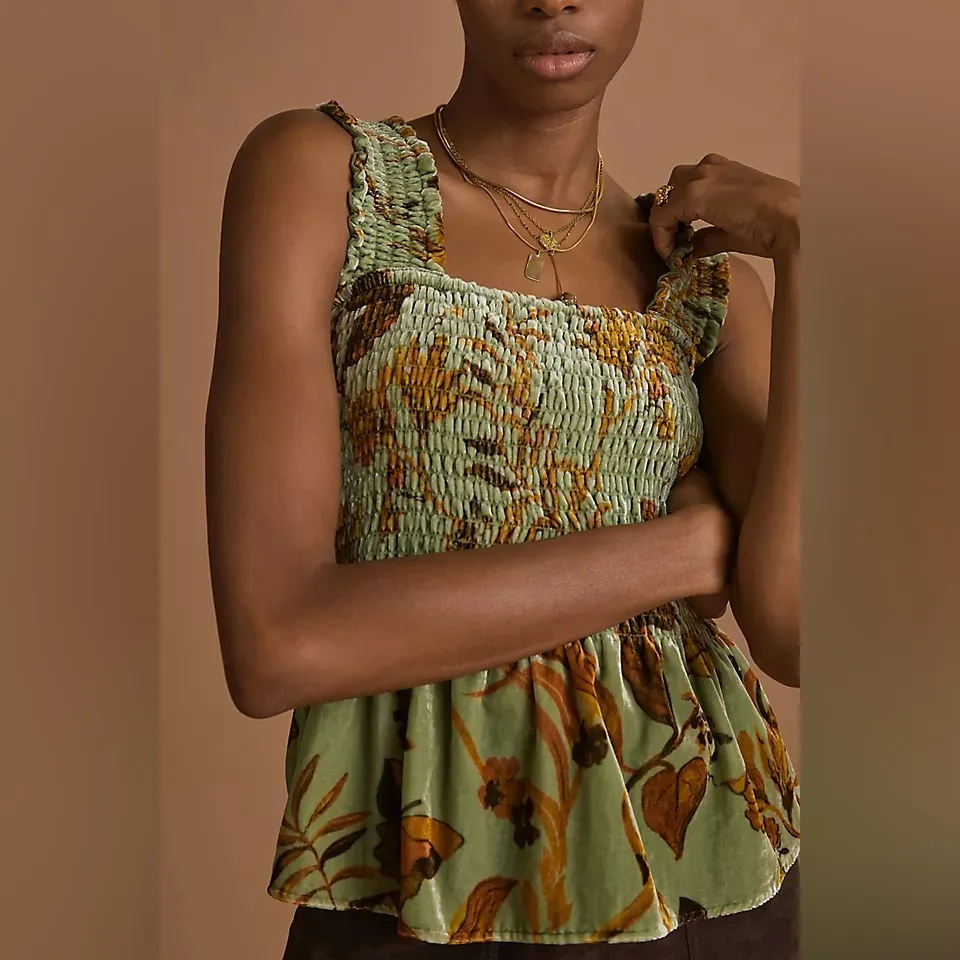 NEW Anthropologie Smocked Velvet Babydoll Top Womens XL Green Fall Foliage Print - Image 4