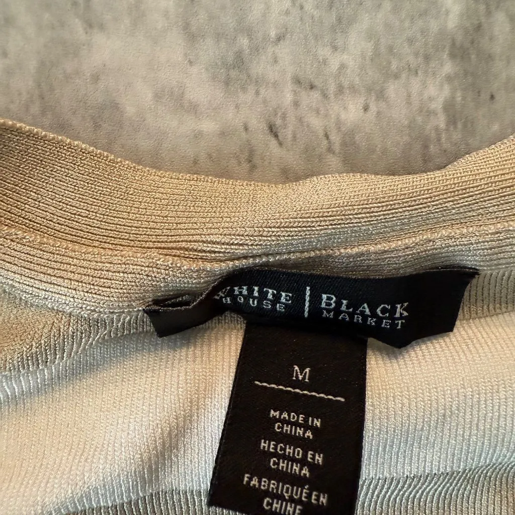 White House Black Market Bodycon Top Beige White Striped Cap Sleeve M - Image 2