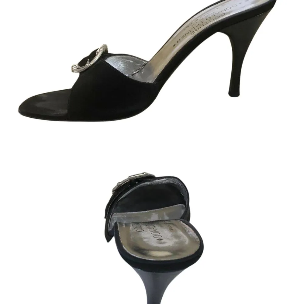 Donald Pliner Shoe Slide Black Satin Mule Silver Metal Buckle Rhinestones $250 Size 8.5 - Image 6