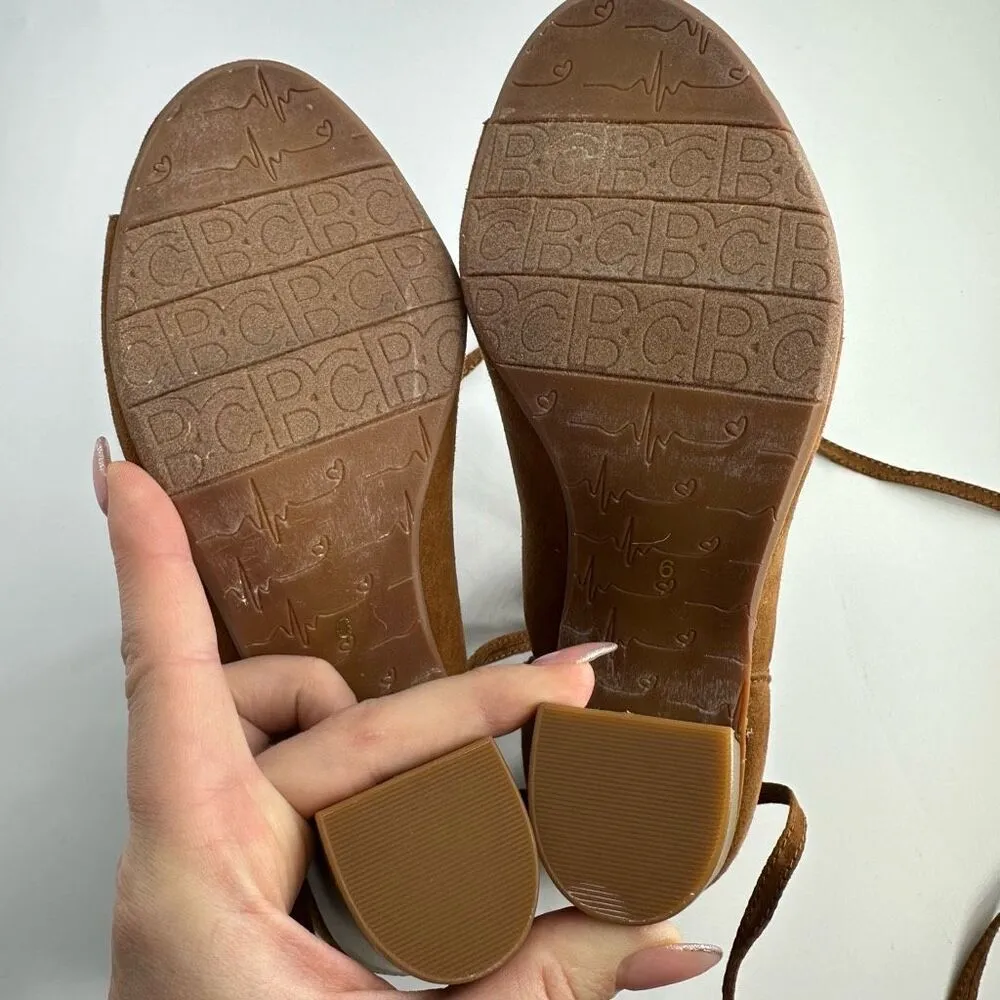 NEW BC Faux Suede Open Toe Brown Strappy Lace Up Bootie Size 6 Every Day Comfort Tan - Image 8