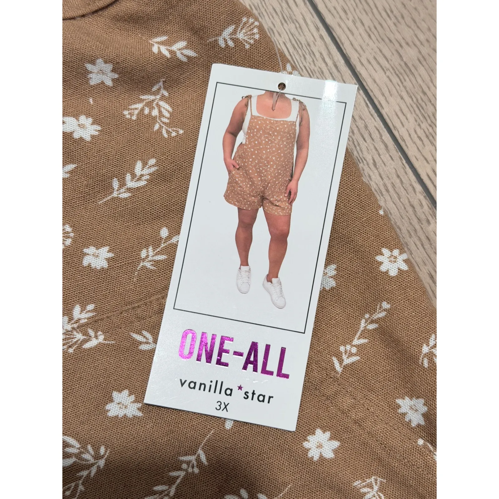 Vanilla Star Romper Plus 3X Linen Floral Tan White Tie Strap Overalls Jumpsuit - Image 2