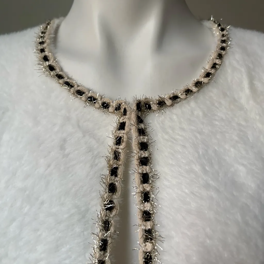 NWT, Rachel Zoe White Faux Fur Cape Capelet
Shawl Black Gold Trim, One Size - Image 7