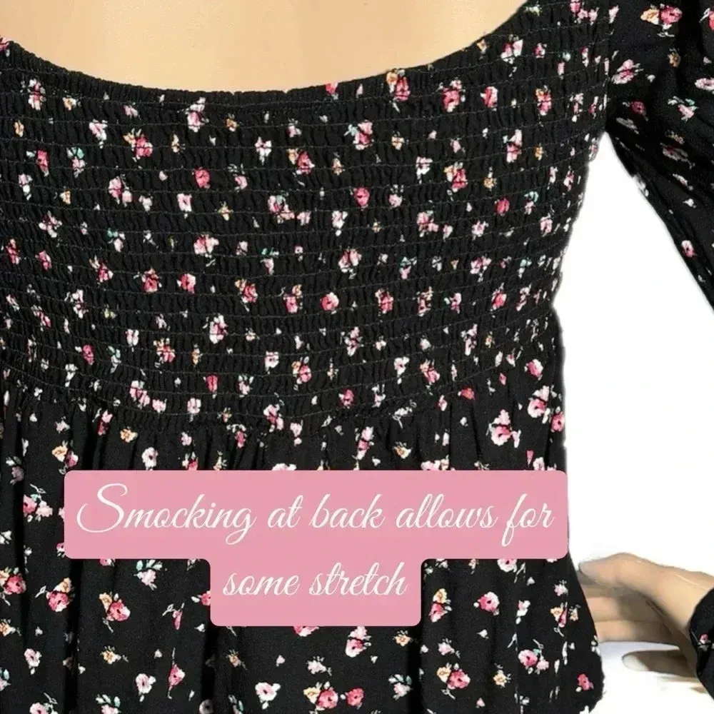 Daisy & Delilah Boho Black Floral Top Smocked Bodice Long Bell Sleeve Women’s M Size M - Image 8